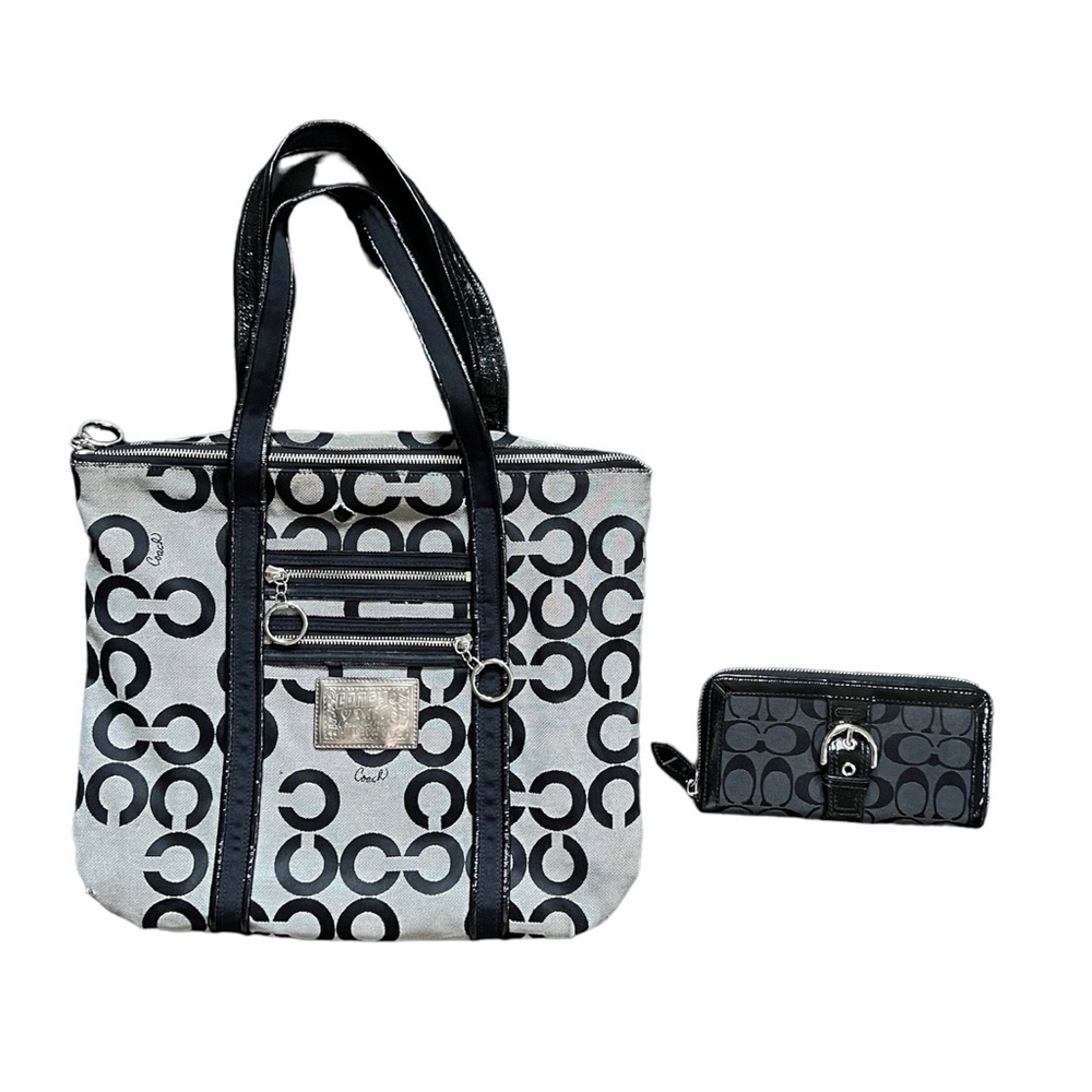 Coach Signature Canvas Fabric Leather Handbag and Billfold Wallet 2 PC Bundle